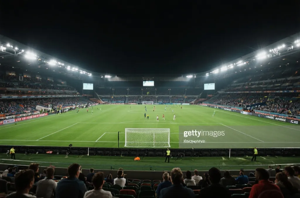 An energetic international football match in a grand stadium under bright stadium lights