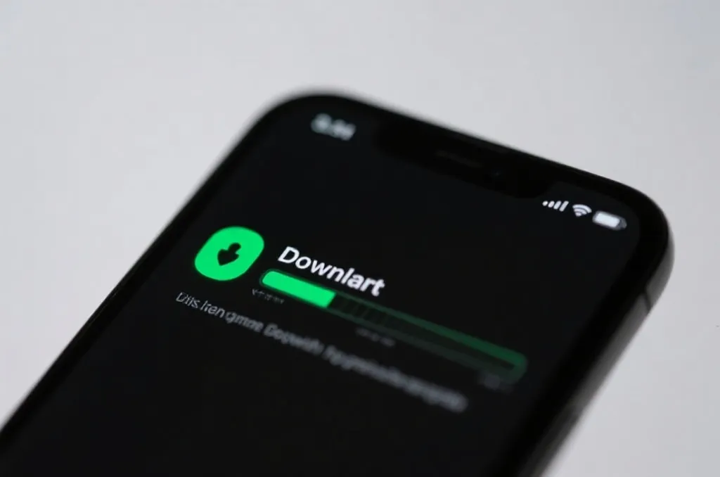 A close-up of a mobile phone screen showing a secure green download progress bar, minimalist tech style, soft studio lighting