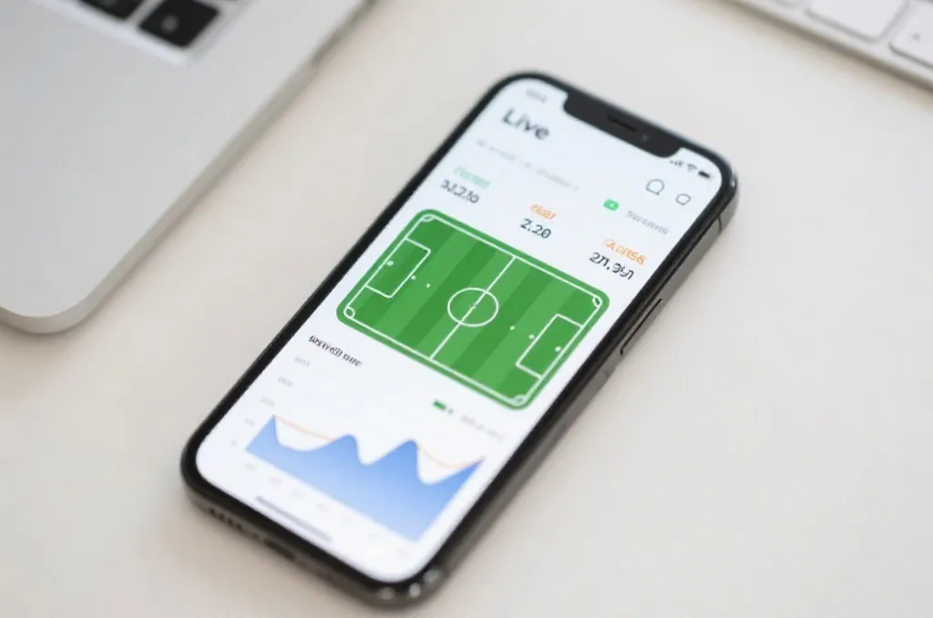 An editorial flat lay of a smartphone on a clean desk, displaying a generic live sports statistics dashboard with charts and a green soccer field graphic